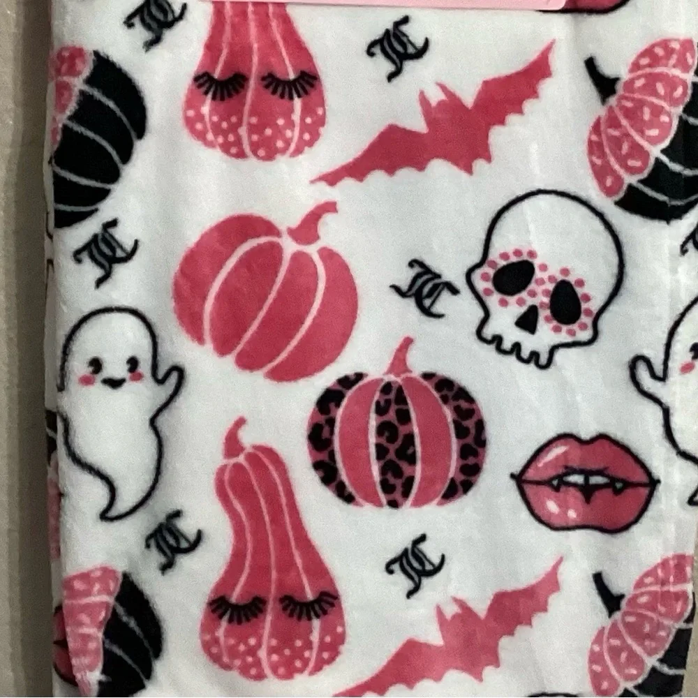 Juicy Couture White Plush Throw with Pink & Black Halloween Designs